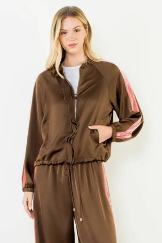 THML Ruffled Zip Up Jacket With Velvet Details