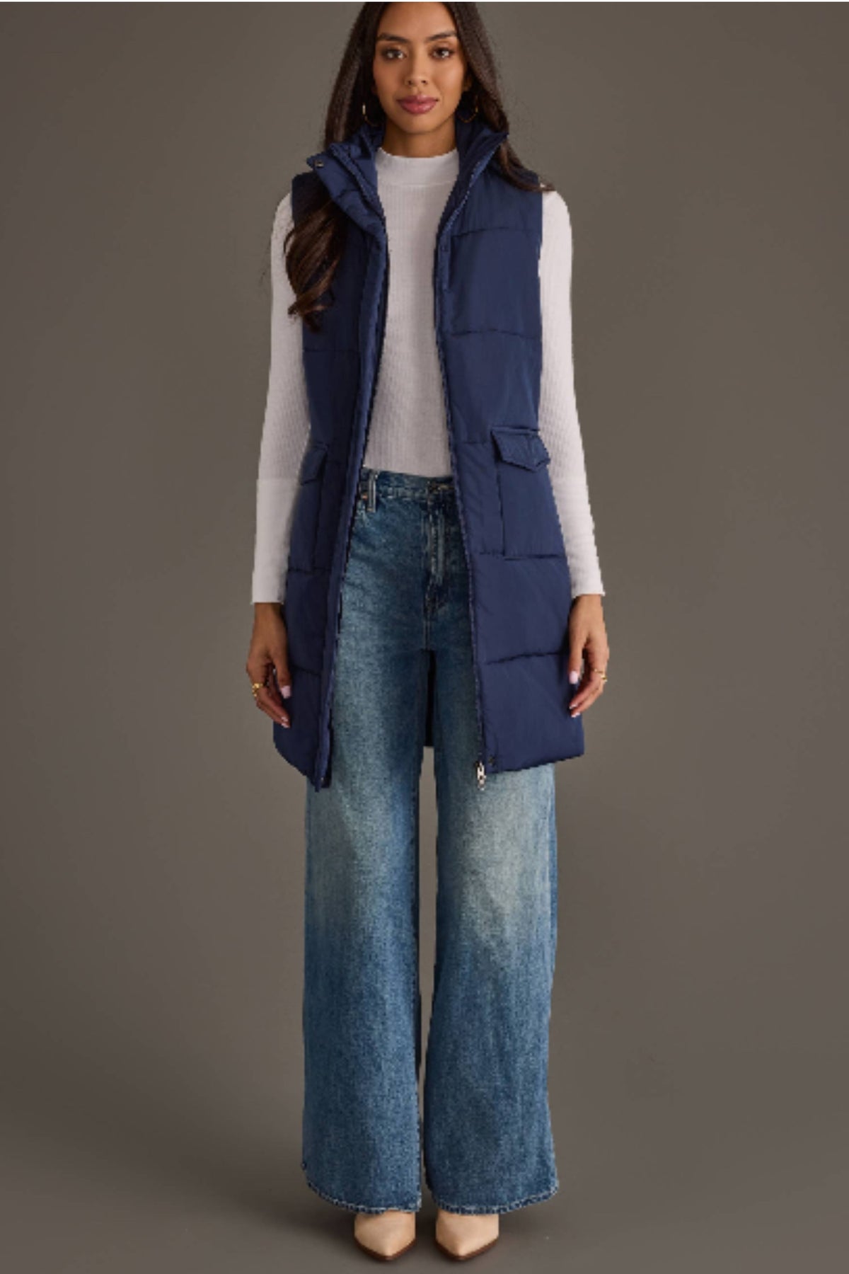 Navy Blue Long Quilted Vest