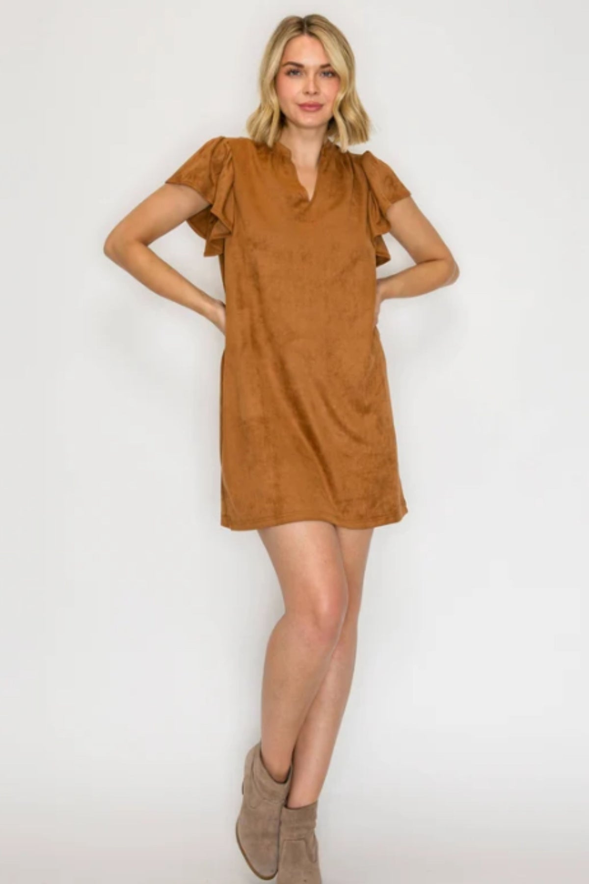 Suede Flutter Sleeve Shift Mini Dress