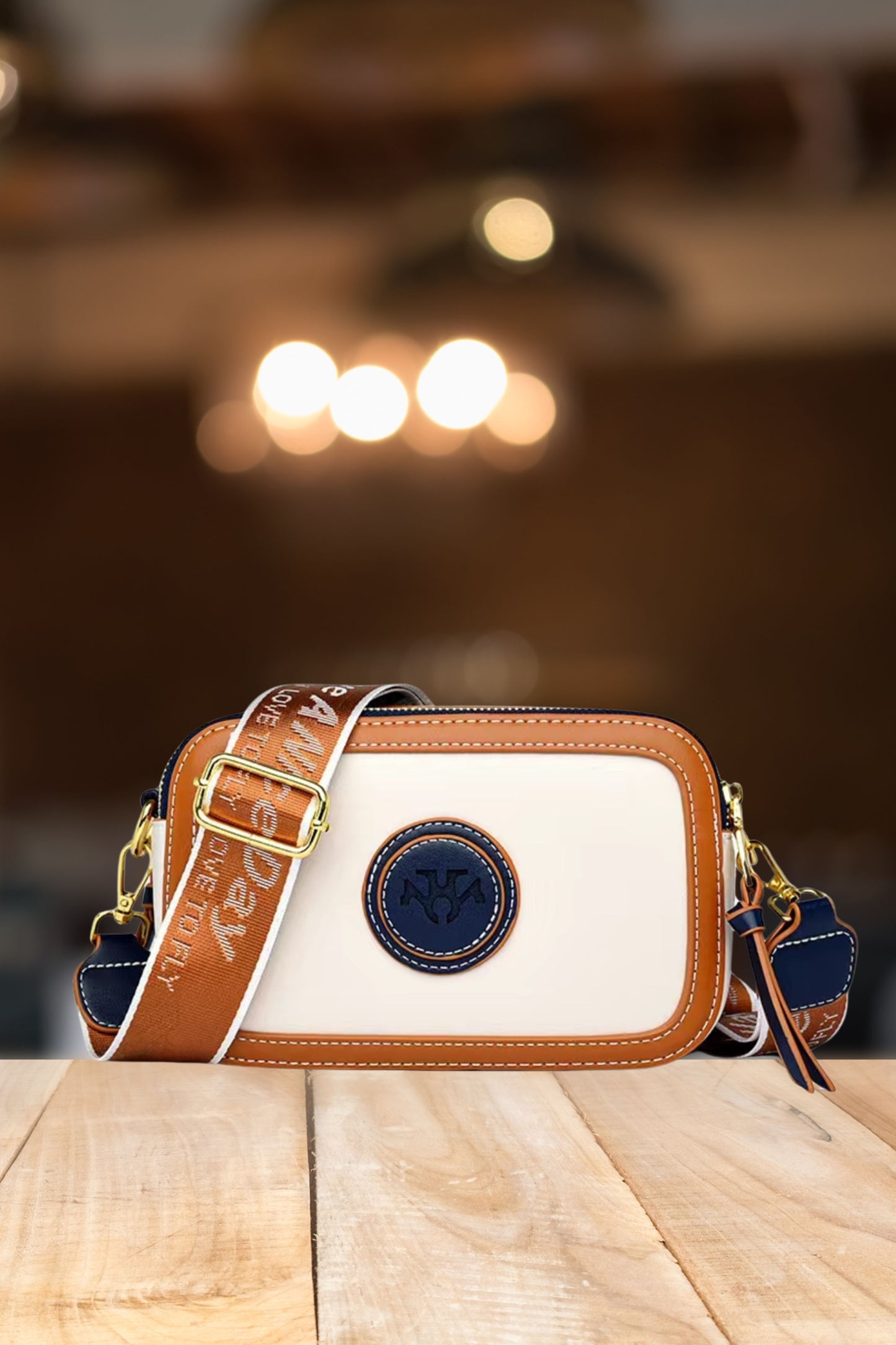 Cream and Navy Faux Leather Crossbody Bag