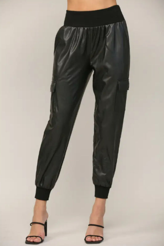 FATE Black Contrast Rib Band Trim Faux Leather Jogger