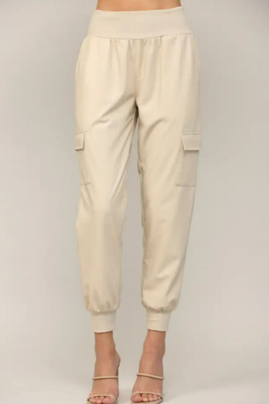 FATE Cream Contrast Rib Band Trim Faux Leather Jogger