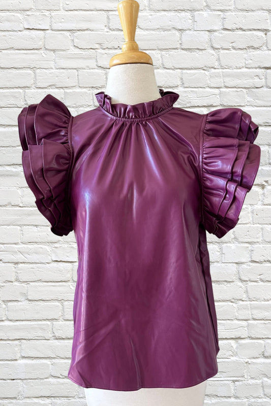 THML Purple Leather Sleeve Ruffle Top