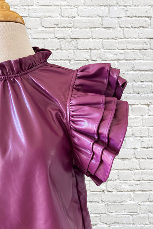 THML Purple Leather Sleeve Ruffle Top