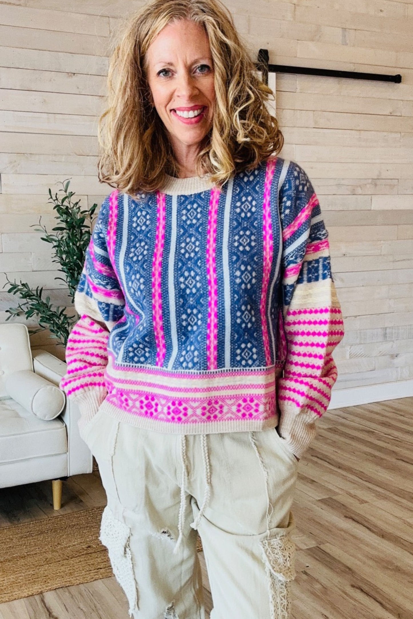 Pink Fair Isle Print Cozy Sweater