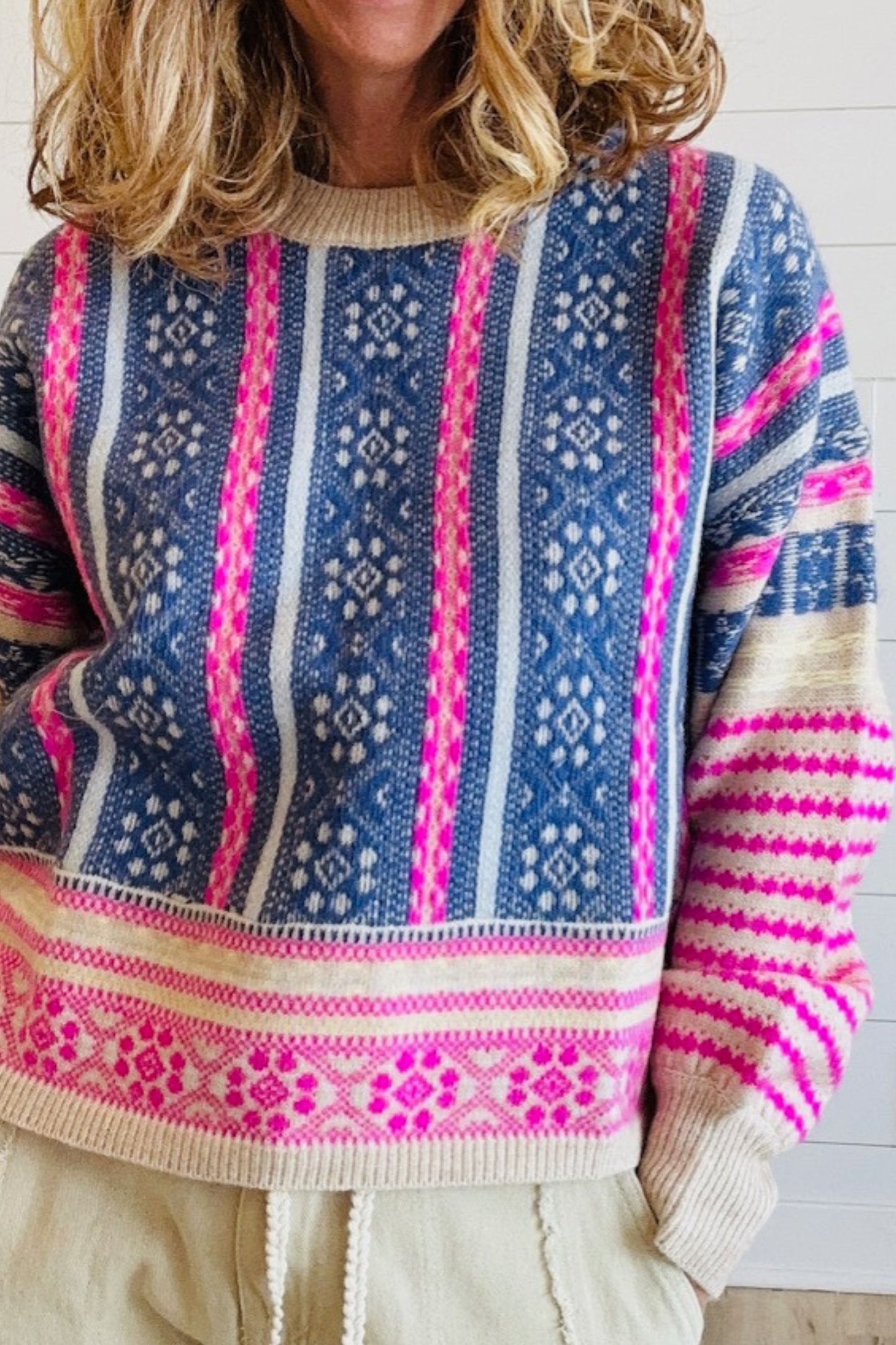 Pink Fair Isle Print Cozy Sweater