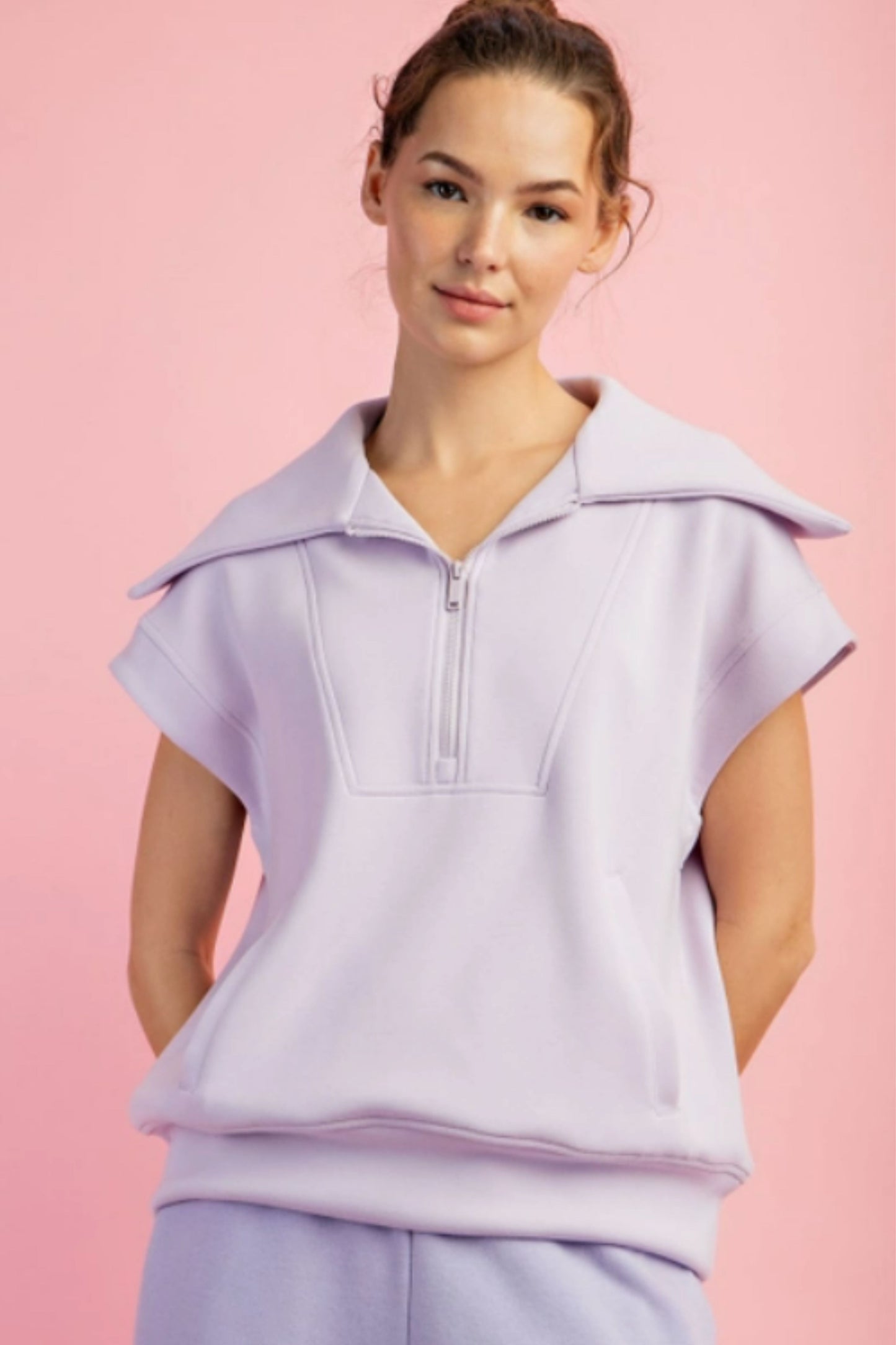 Rae Mode Lavender Modal Poly Span Short Sleeve Quarter Zip Top