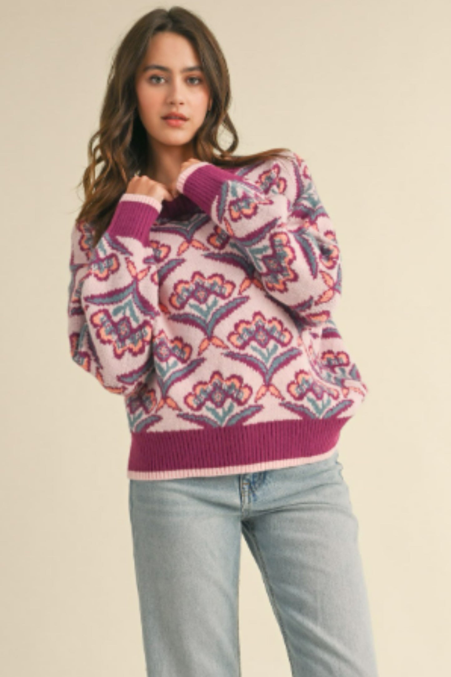 &merci Plum Floral Pattern Knit Sweater