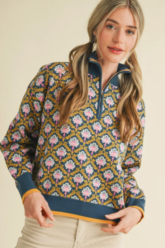 & Merci Peacock Blue Print Sweater