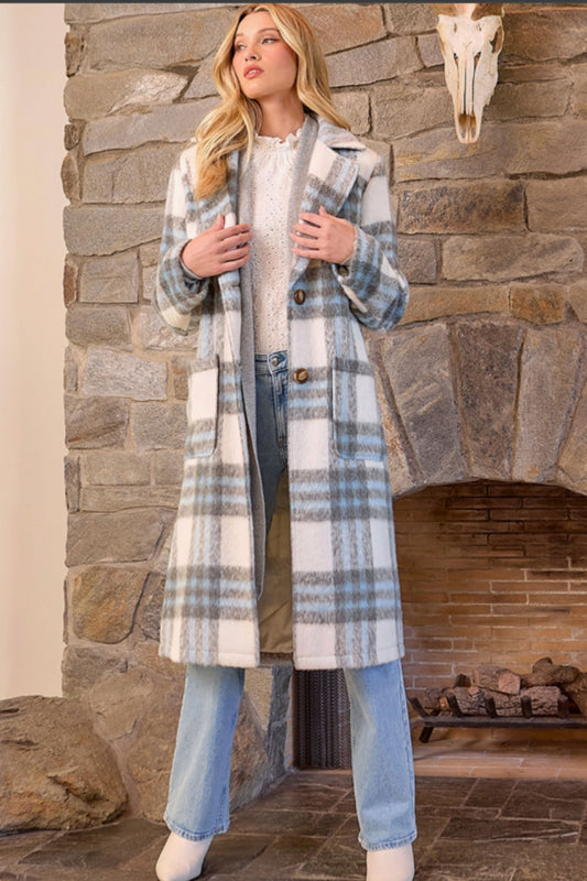Ivory and Blue Plaid Long Coat