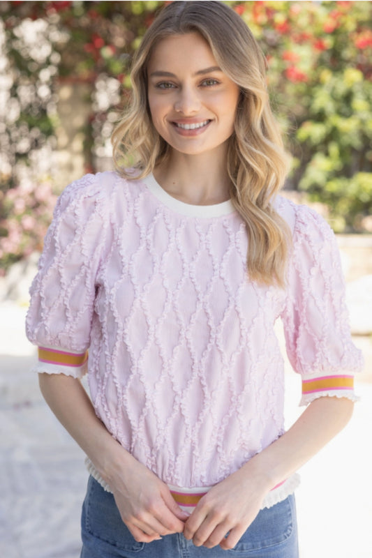 VOY Pink Striped Elastic Band Diamond Textured Top