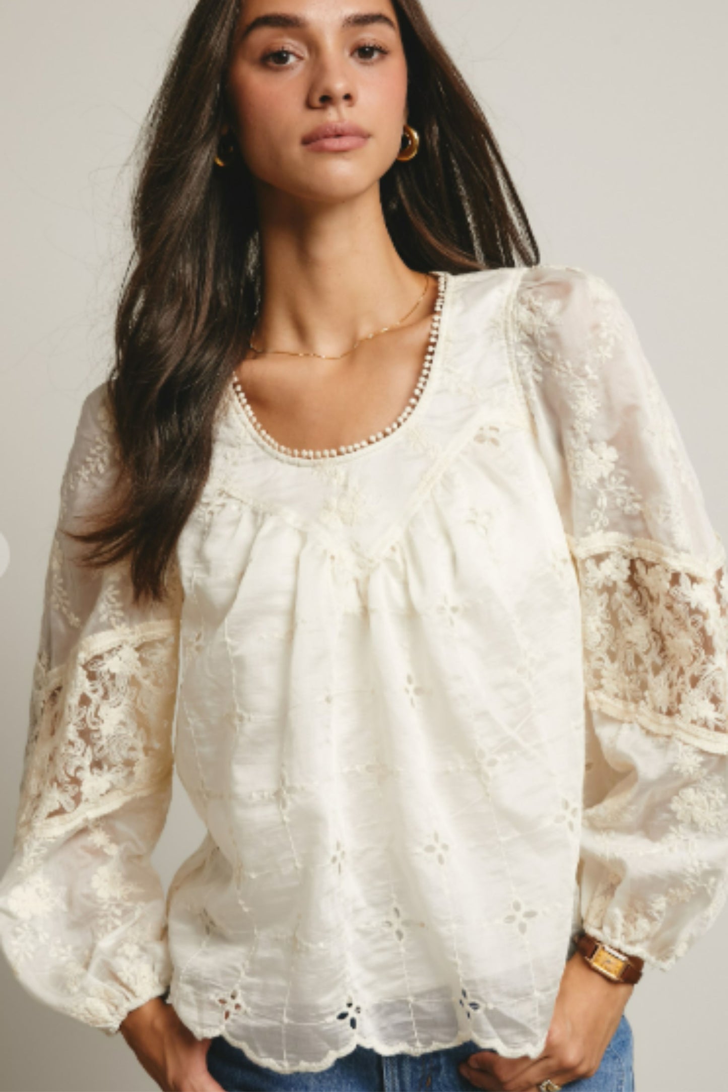Forte Embroidered Lace Puff Sleeve Top