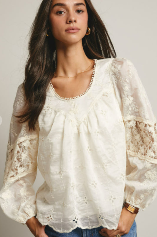 Forte Embroidered Lace Puff Sleeve Top