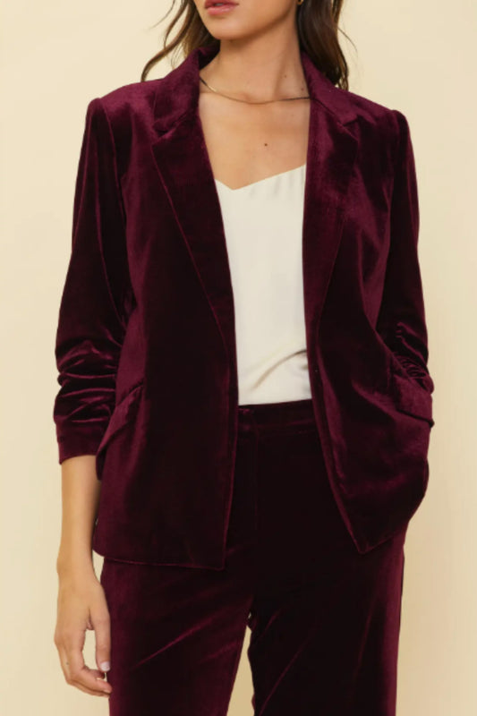 Skies Are Blue Burgundy Velvet Blazer with Ruched Sleeves