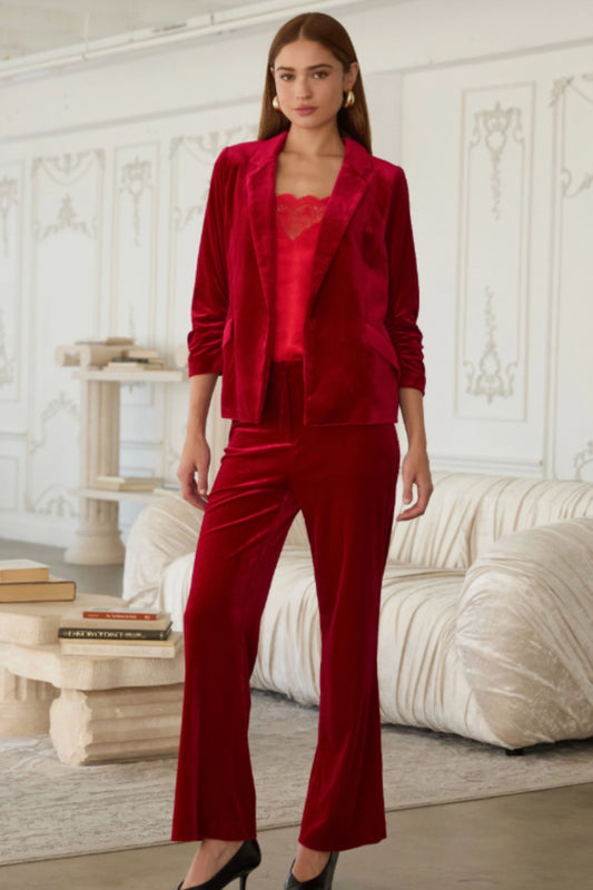 Skies Are Blue Red Velvet Blazer with Ruched Sleeves