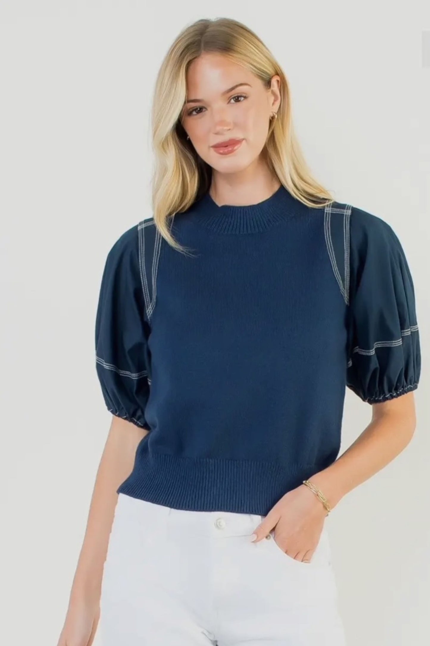 THML Blue Poplin Puff Sleeve Knit Top