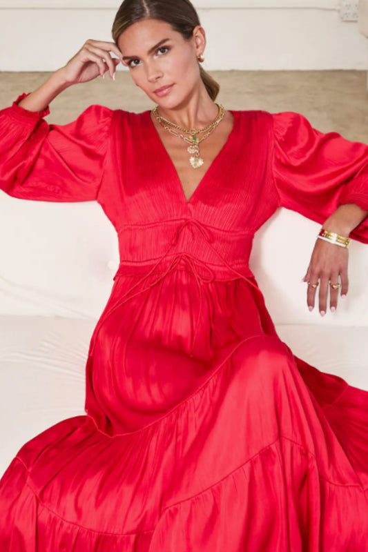 Current Air Red V-Neck Pleated Tiered Midi Dress