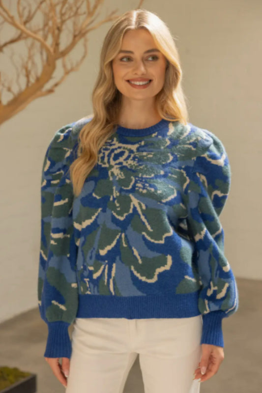 VOY Pleated Long Puff Sleeve Floral Print Sweater Top