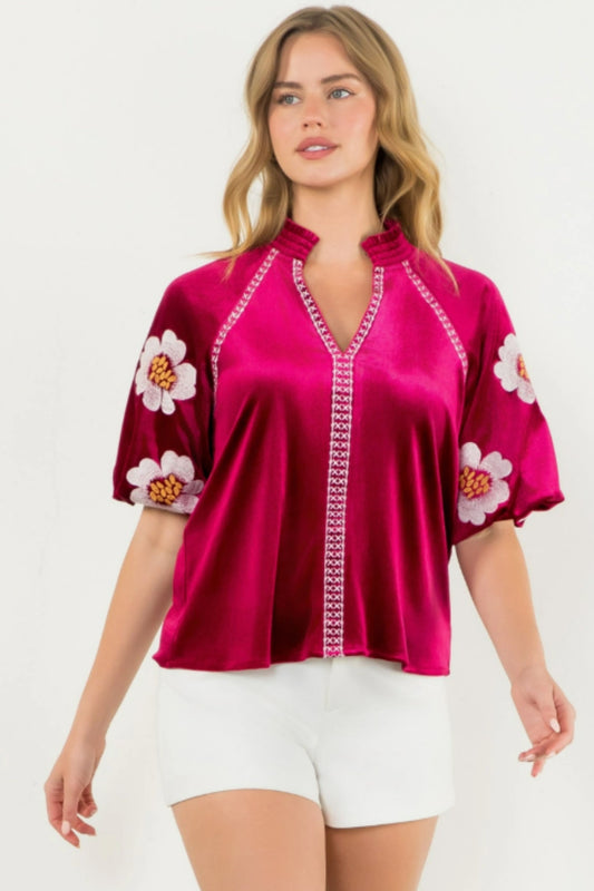 THML Embroidered Detail Velvet Puff Sleeve Top
