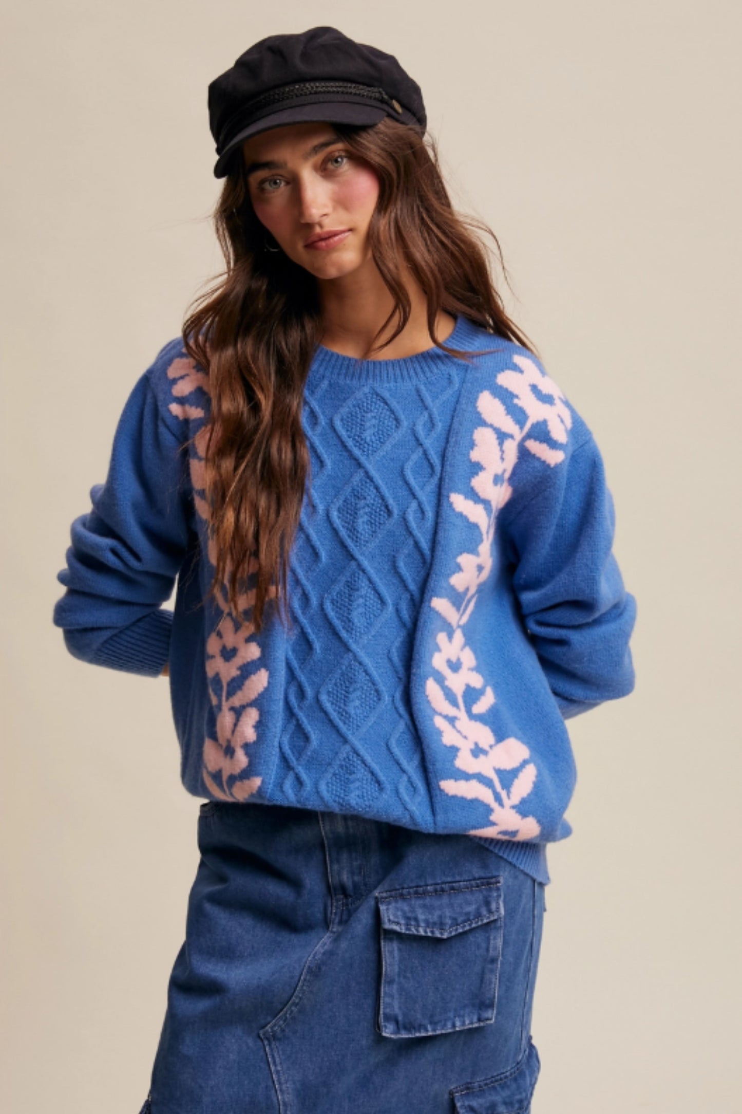 Listicle Floral Blue and Pink Cable Knit Sweater