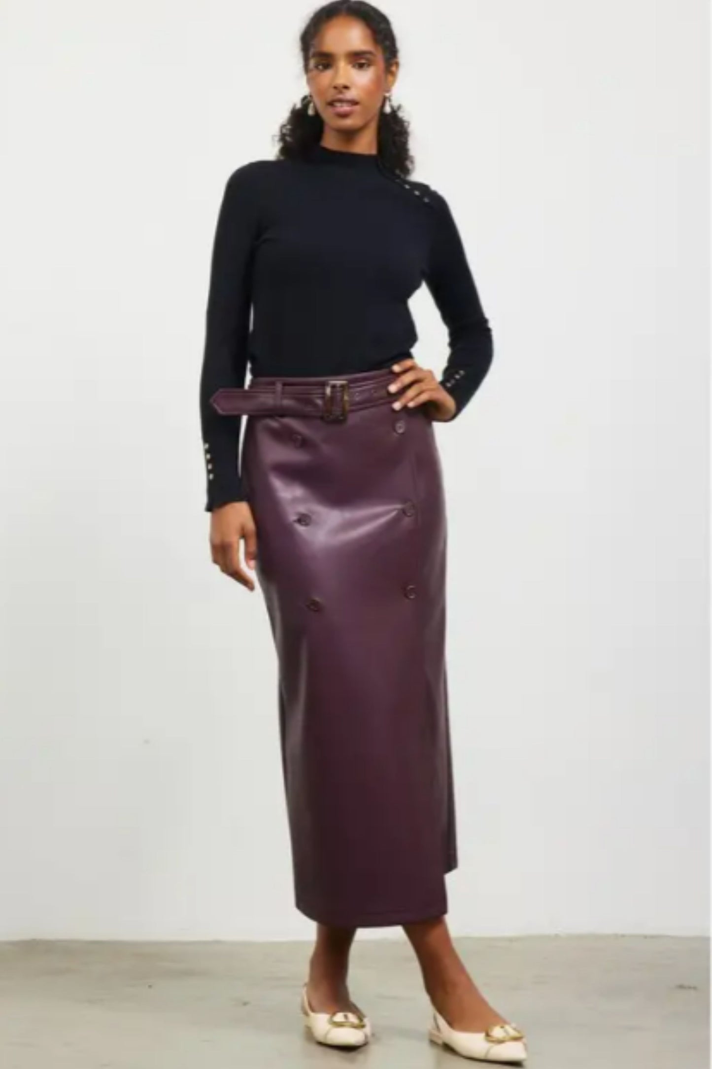 Skies Are Blue Plum Faux Leather Midi Skirt with Belt