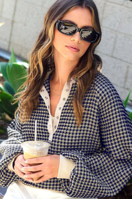 Galaxy Snap Button Front Navy Print Top