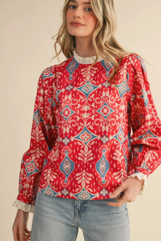 &Merci Red Print Top