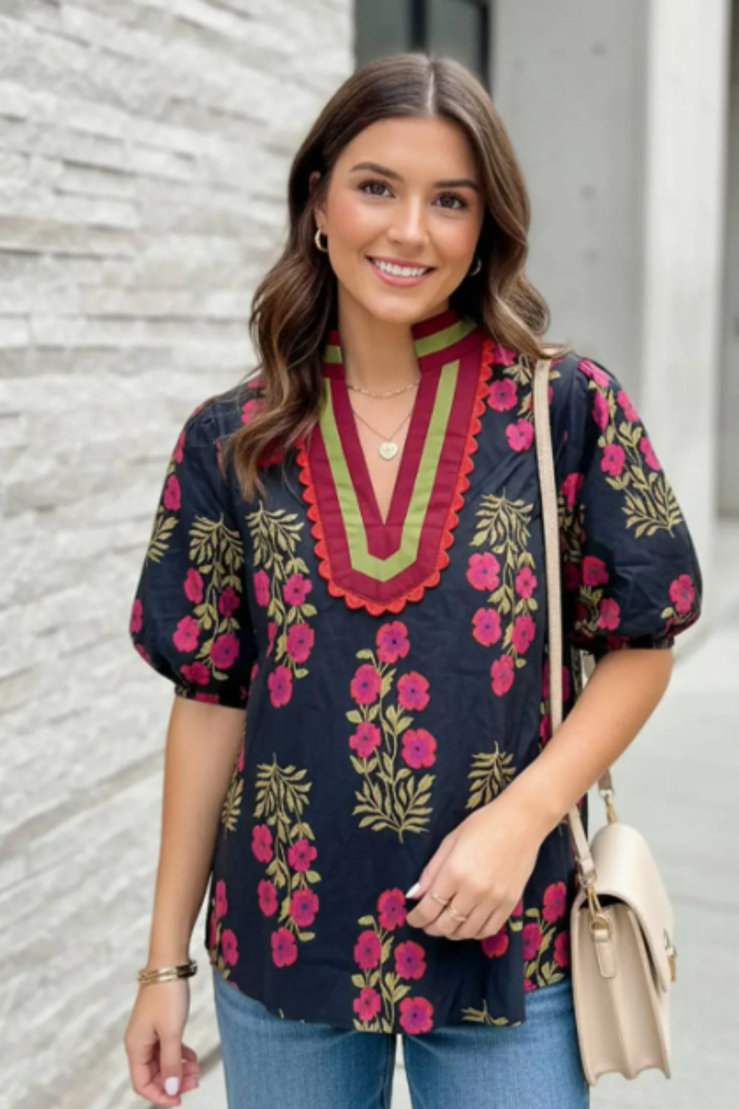 Black Floral V-Neck Top