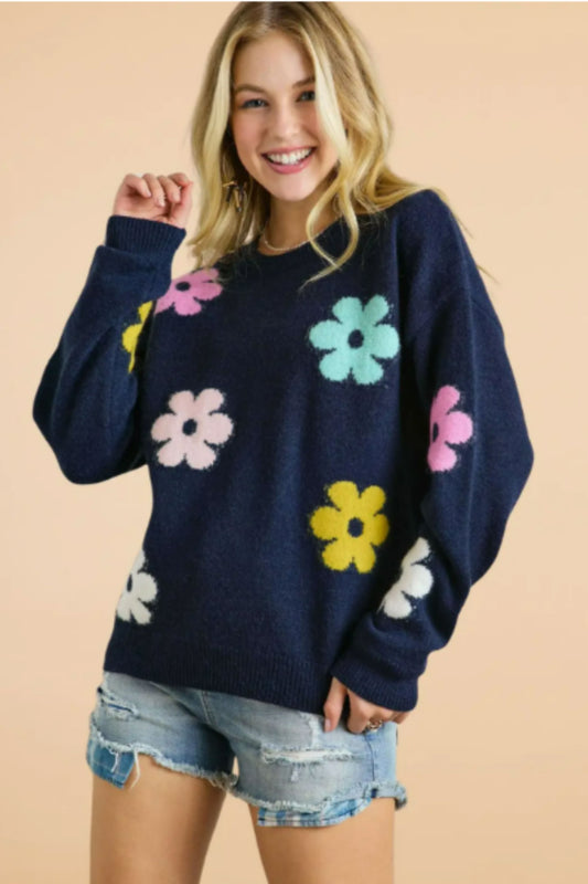 ADORA Navy Flower Sweater Top