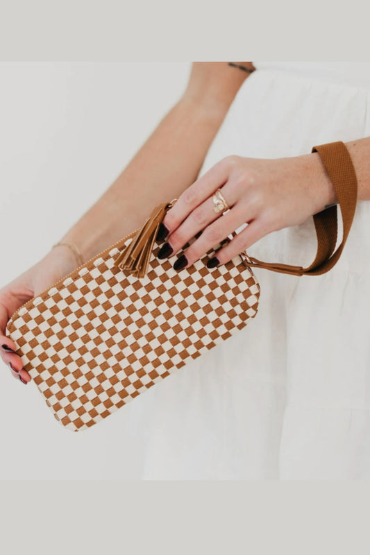 Emma Woven Tan Checkered Clutch Wristlet