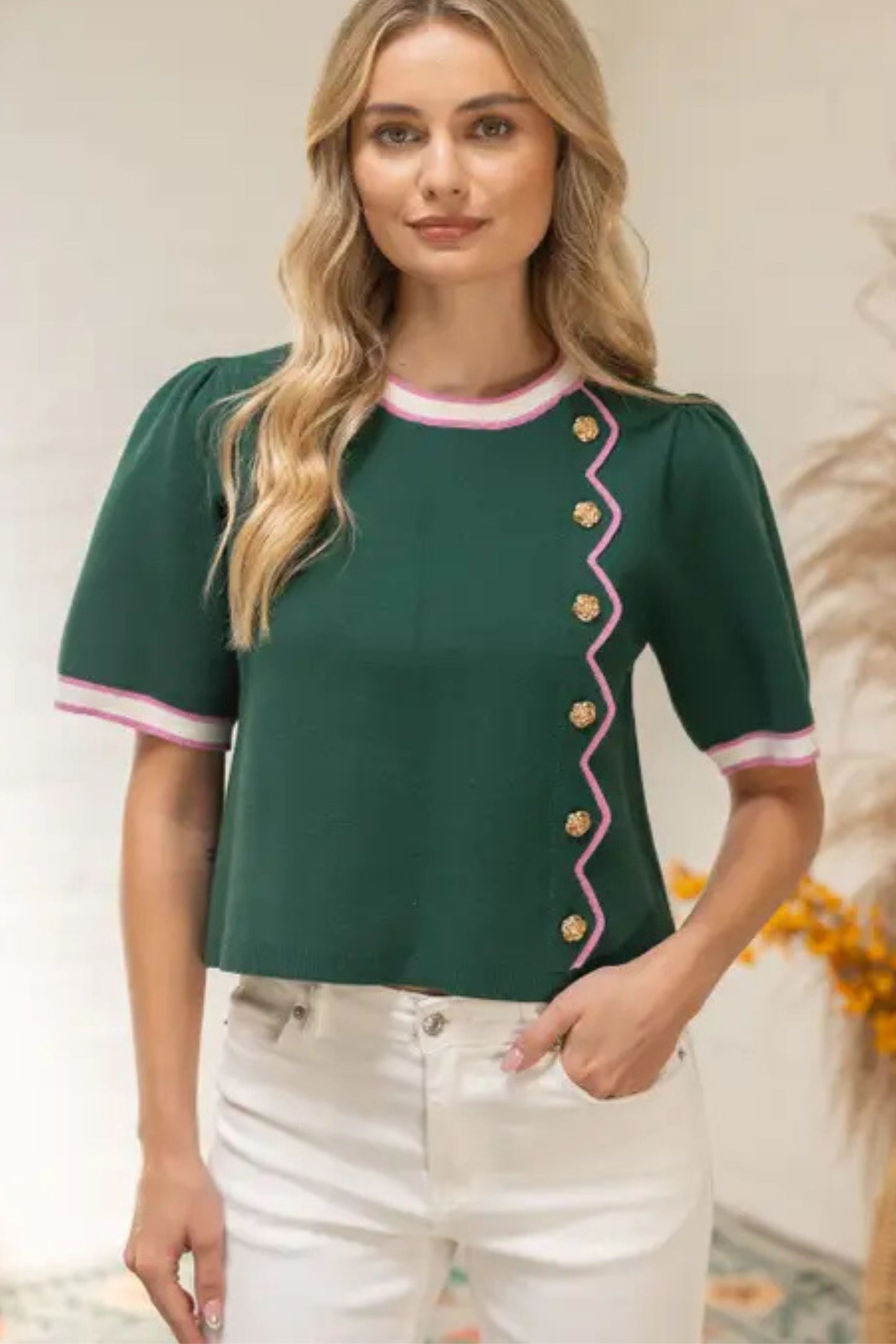 VOY Green and Pink Scallop Sweater Top