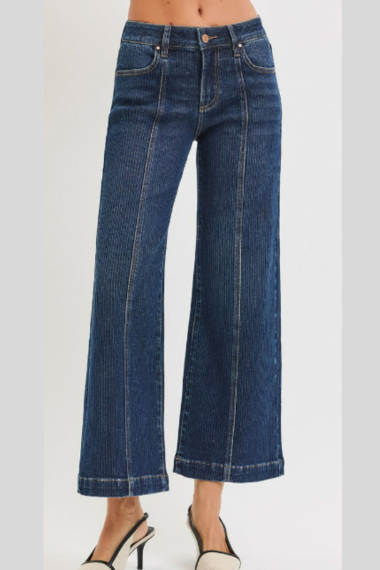 Risen Mid Rise Crop Wide Front Seamed Detailed Jeans