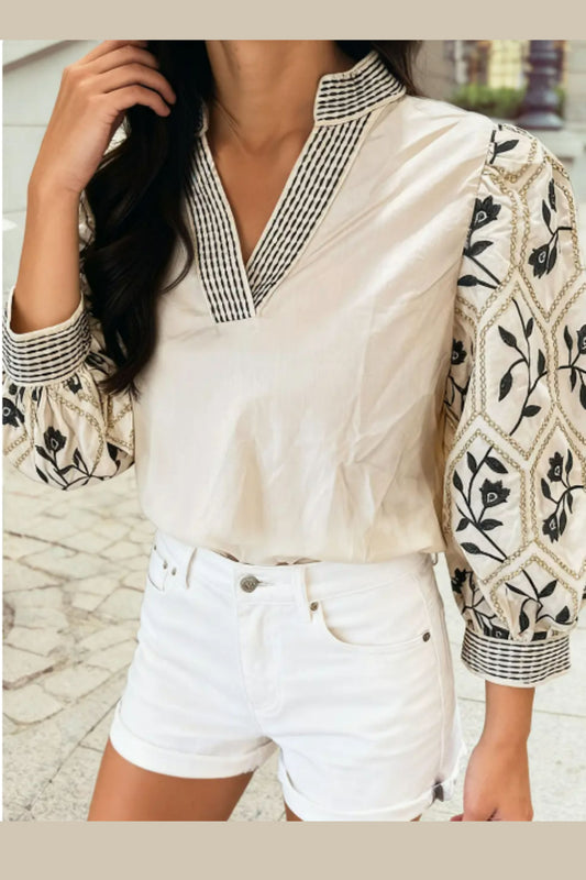 Cream and Black Floral Cotton Top