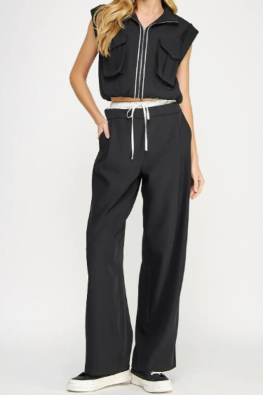 Strut & Bolt Detail Satin Waistband Contrast Wide Leg Pants