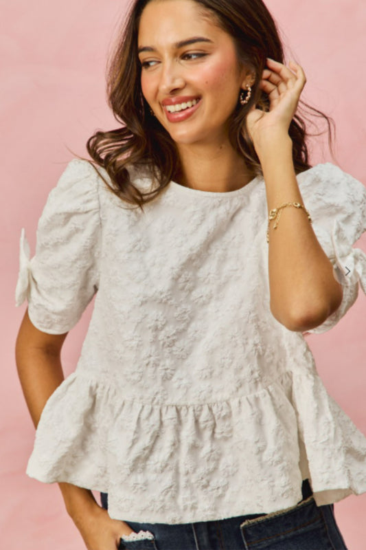 So Me Floral Jacquard Short Sleeves Peplum Ribbon Top