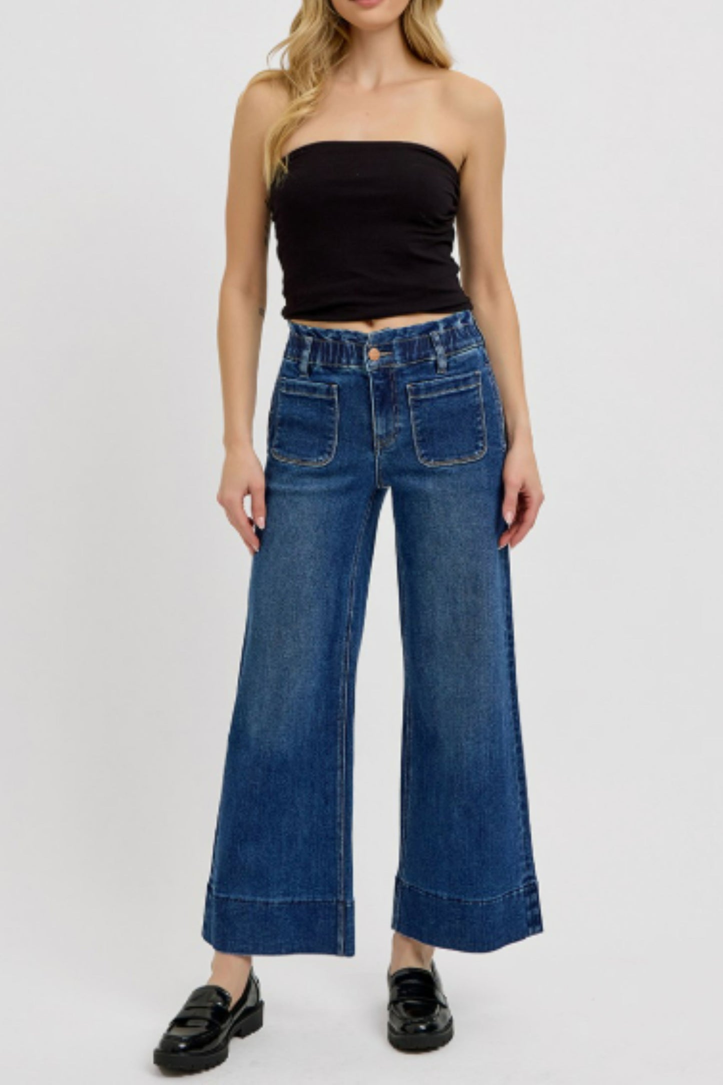 Risen Elastic Band Crop Wide Ruffle Band Jeans