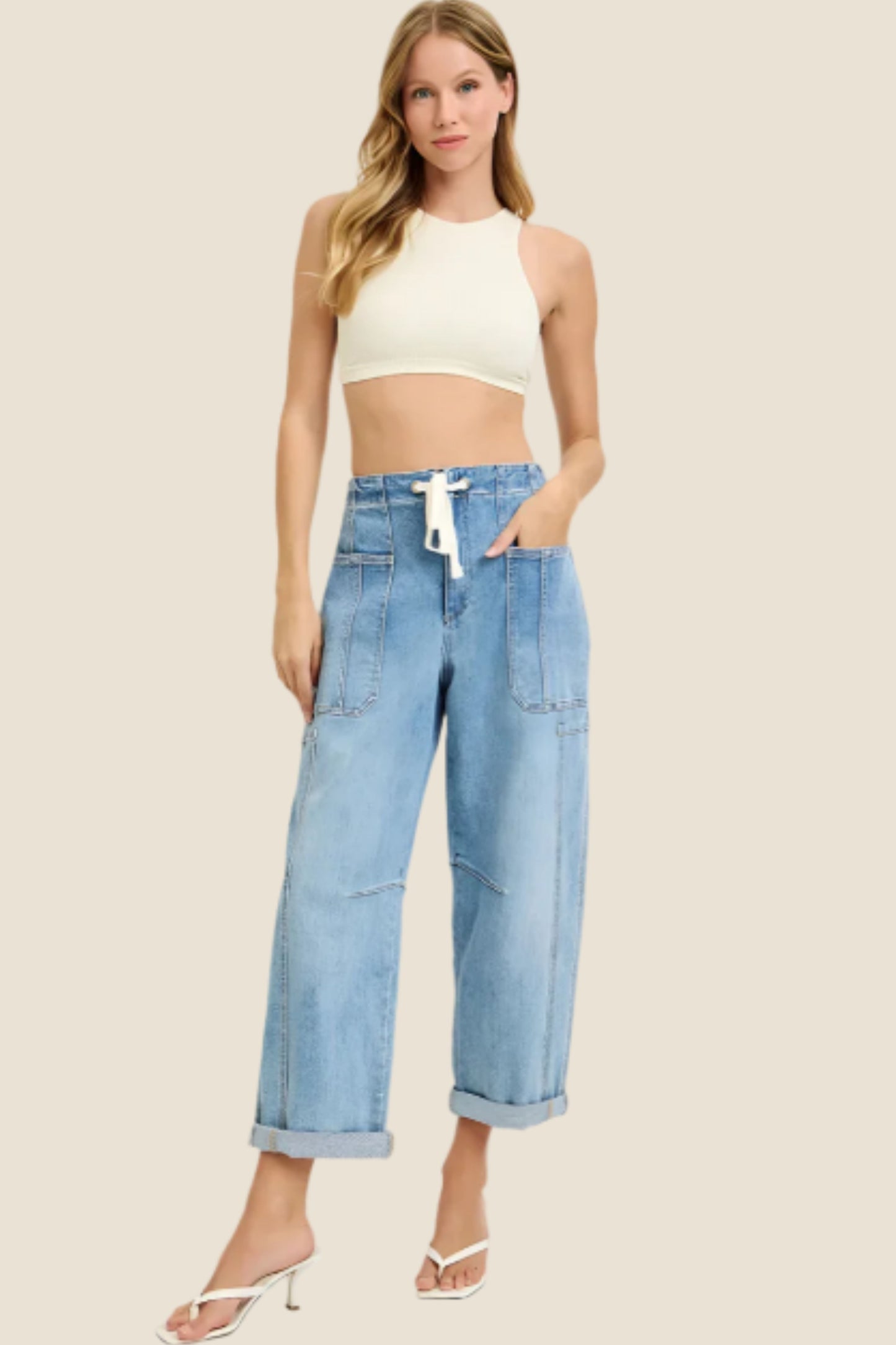 Risen Crop Wide Barrel Cargo Pocket Jeans