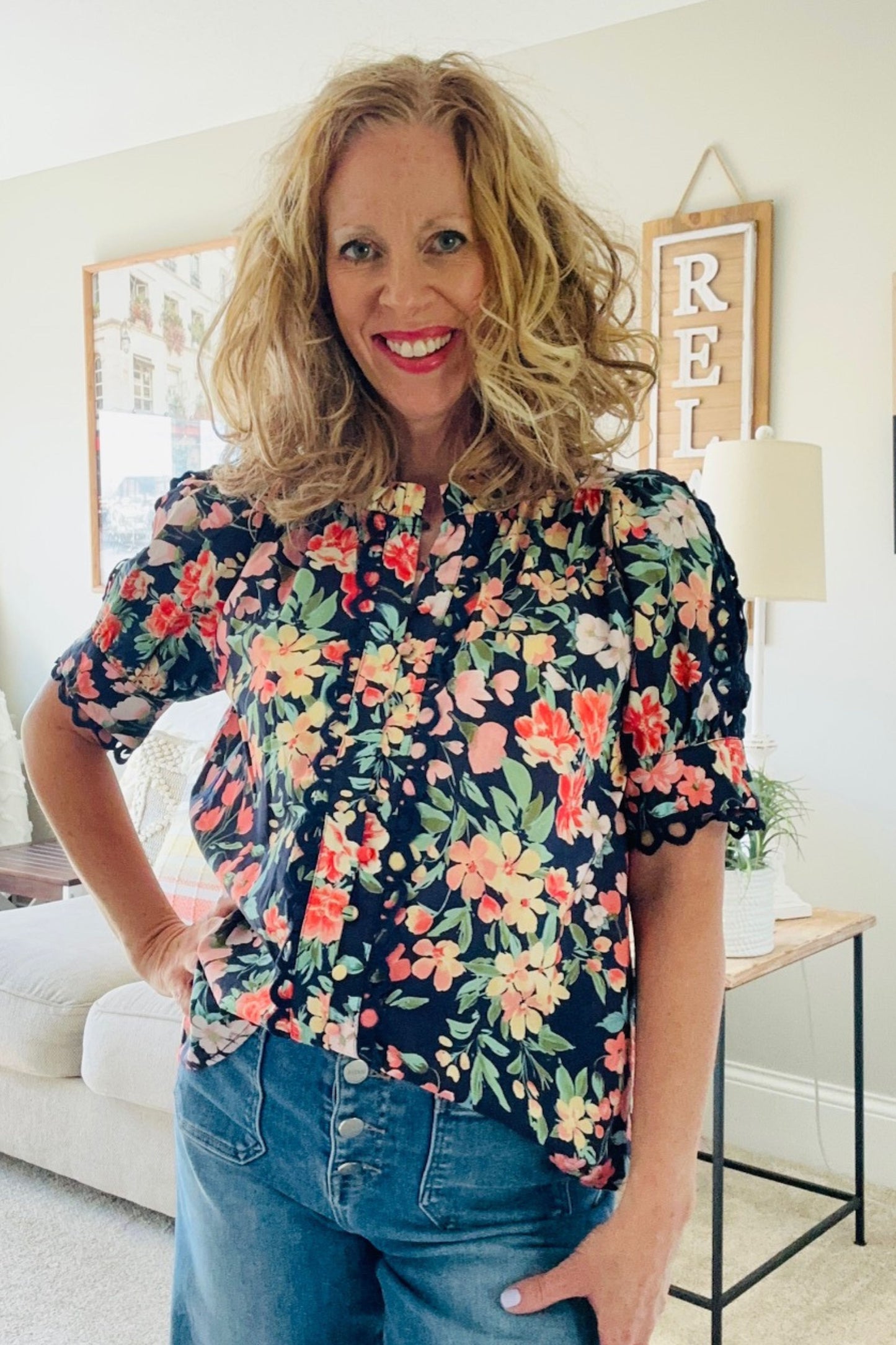Entro Navy Blue Floral Top