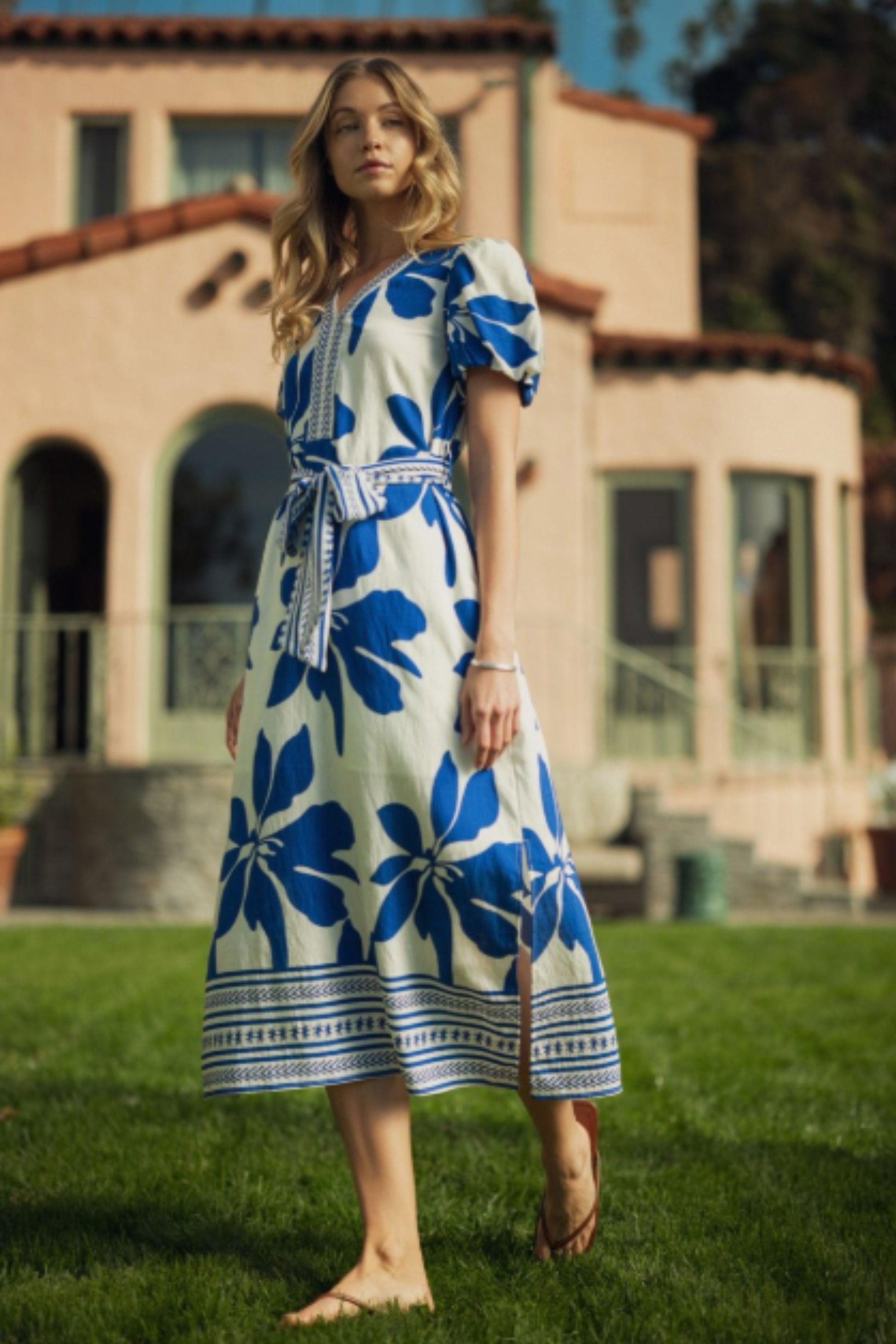 Jodifl Side Slit Blue Tropical Floral Midi Dress