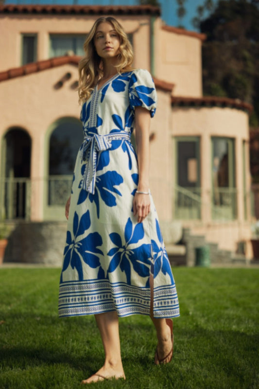 Jodifl Side Slit Blue Tropical Floral Midi Dress