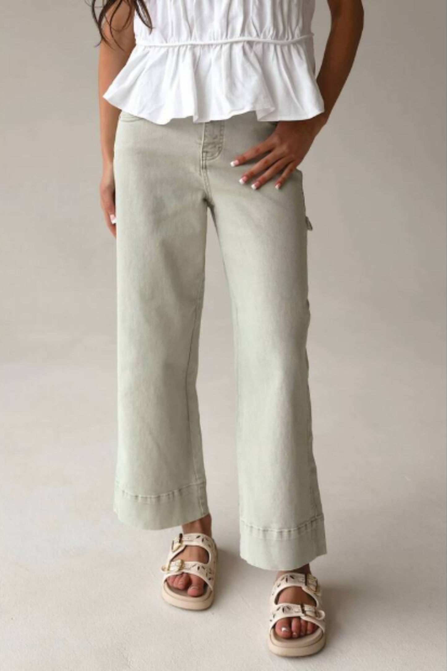 Risen Riviera High-rise Wide-leg Cropped Sage Pants