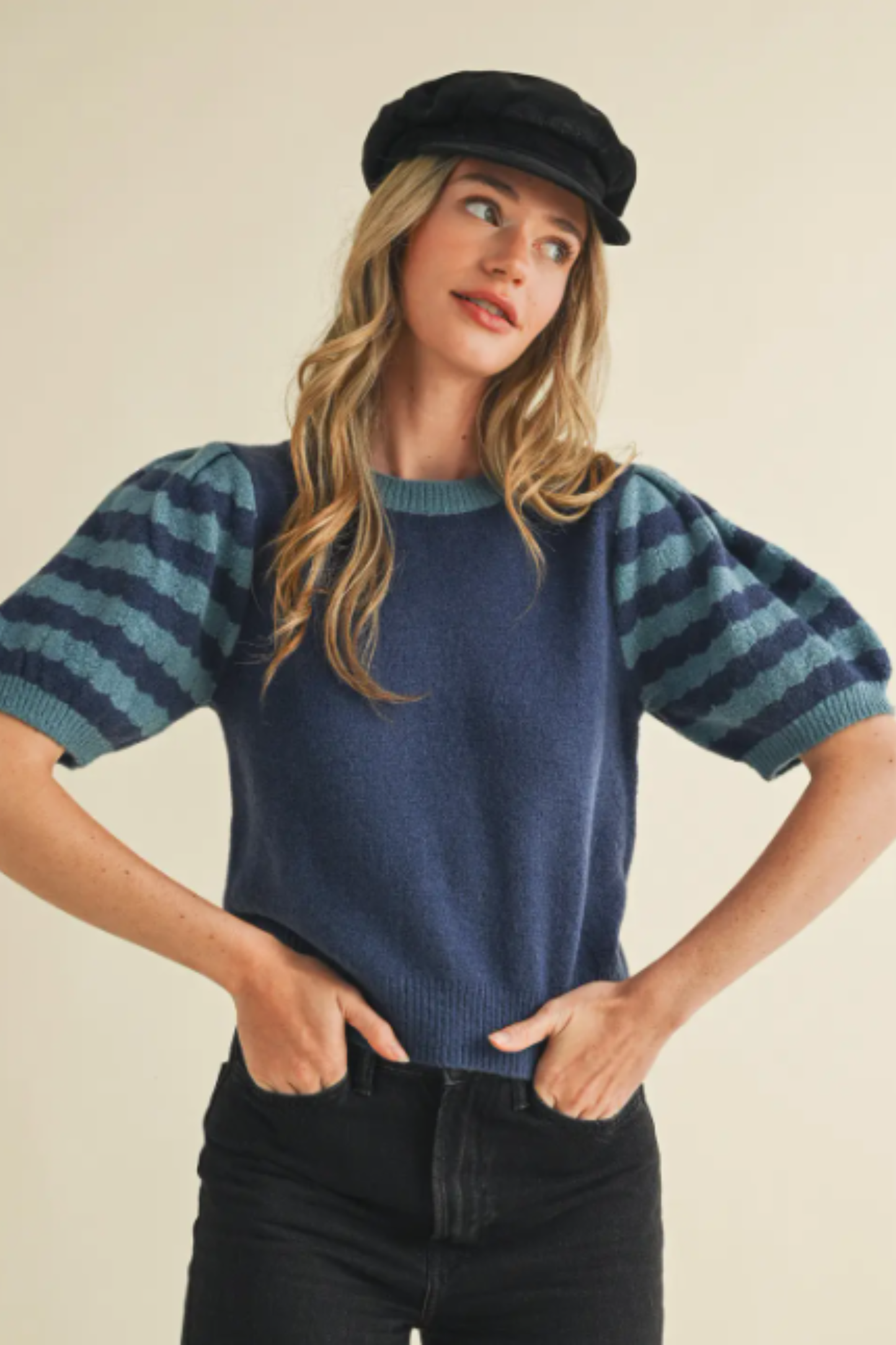 &Merci Contrast Puff Sleeve Sweater