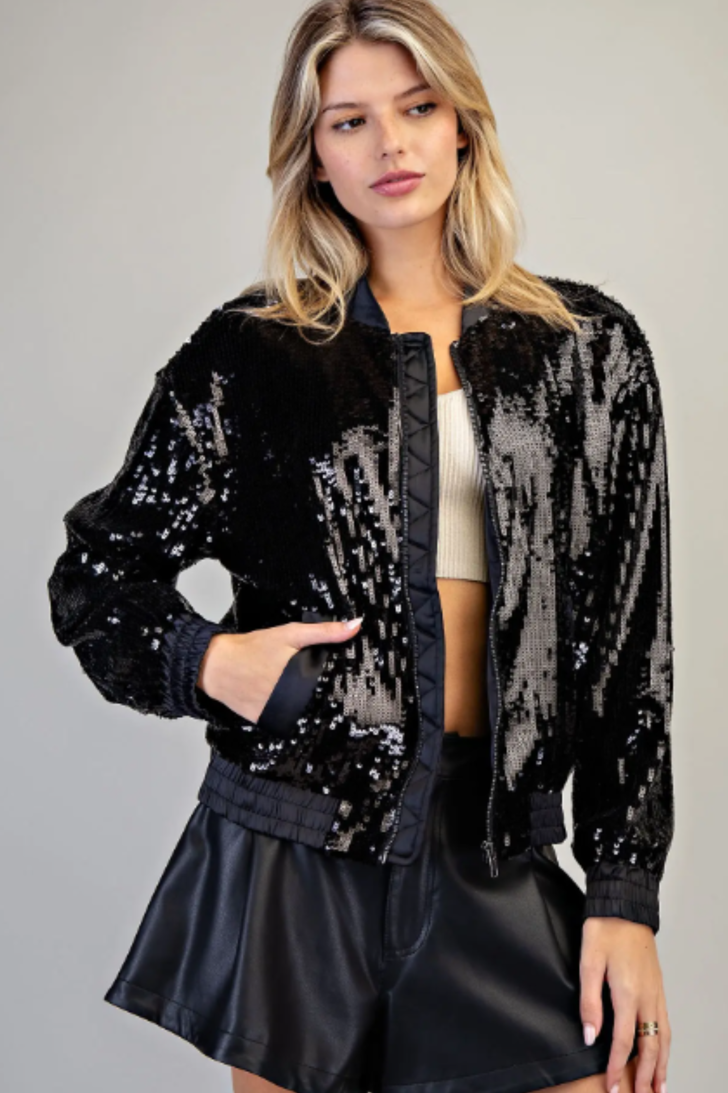 eesome Black Sequins Bomber Jacket