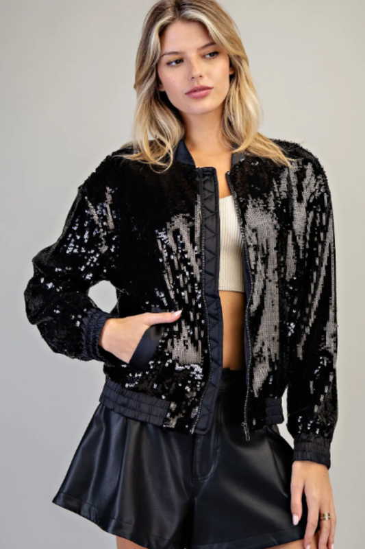 eesome Black Sequins Bomber Jacket