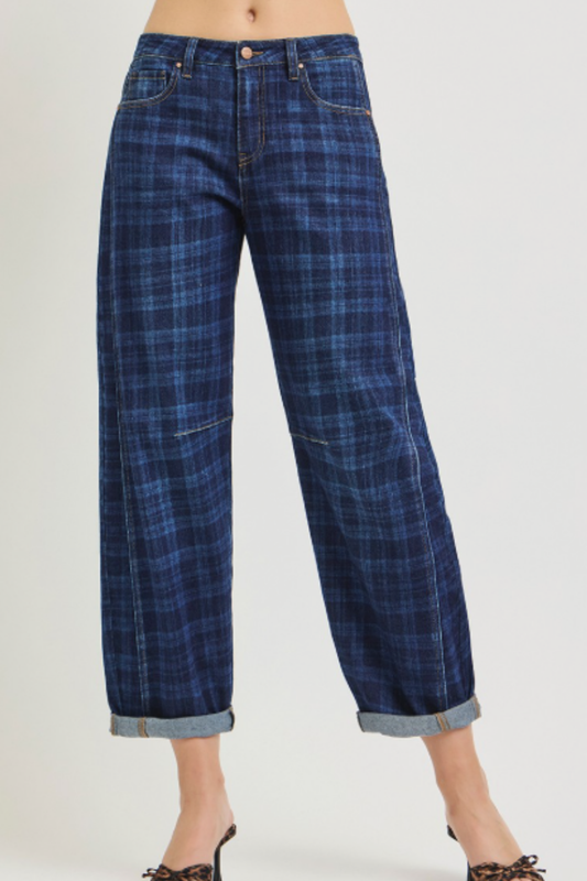 Risen Slouchy Crop Barrel Cuffed Plaid Jeans
