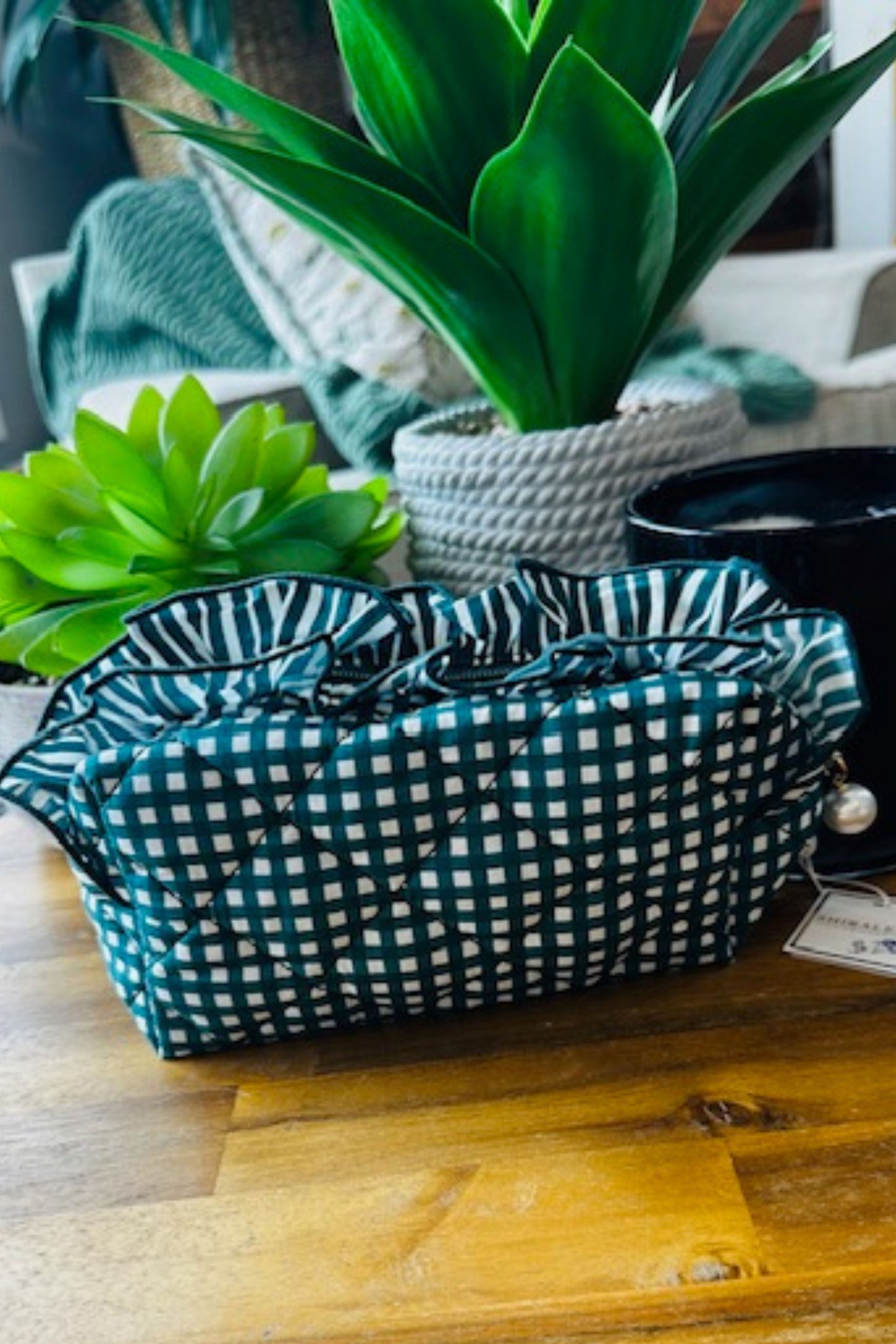 Green and White Checked Makeup Toiletries Bag