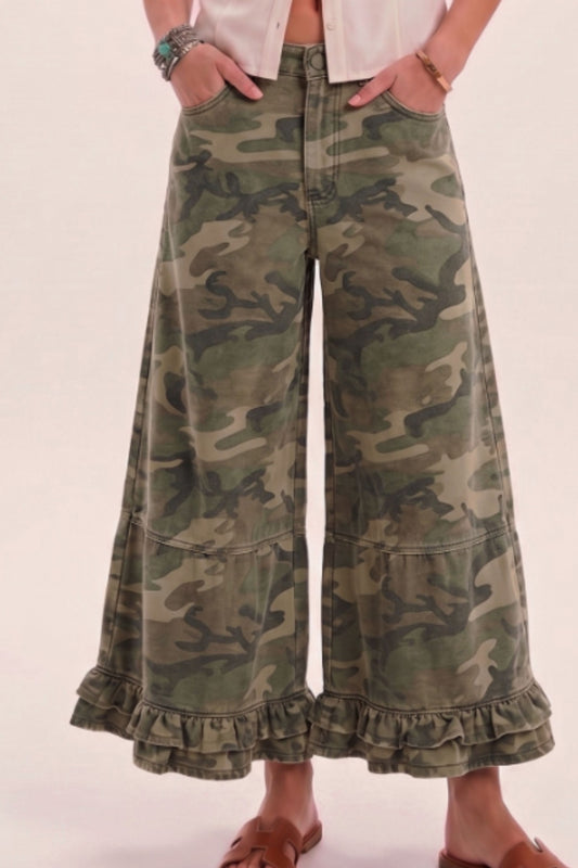 Camo Ruffle Wide Leg Denim Pants