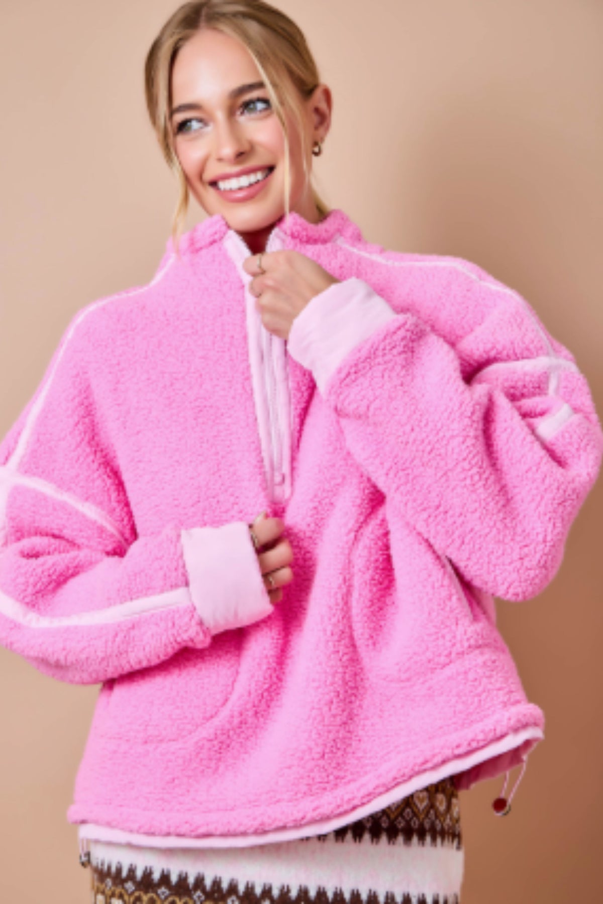 Pink Half-Zip Fleece Pullover Top