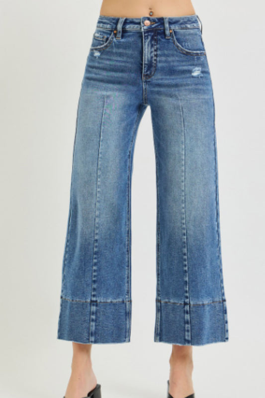 Risen Tummy Control High Rise Crop Wide Leg Seamed Detail Jeans