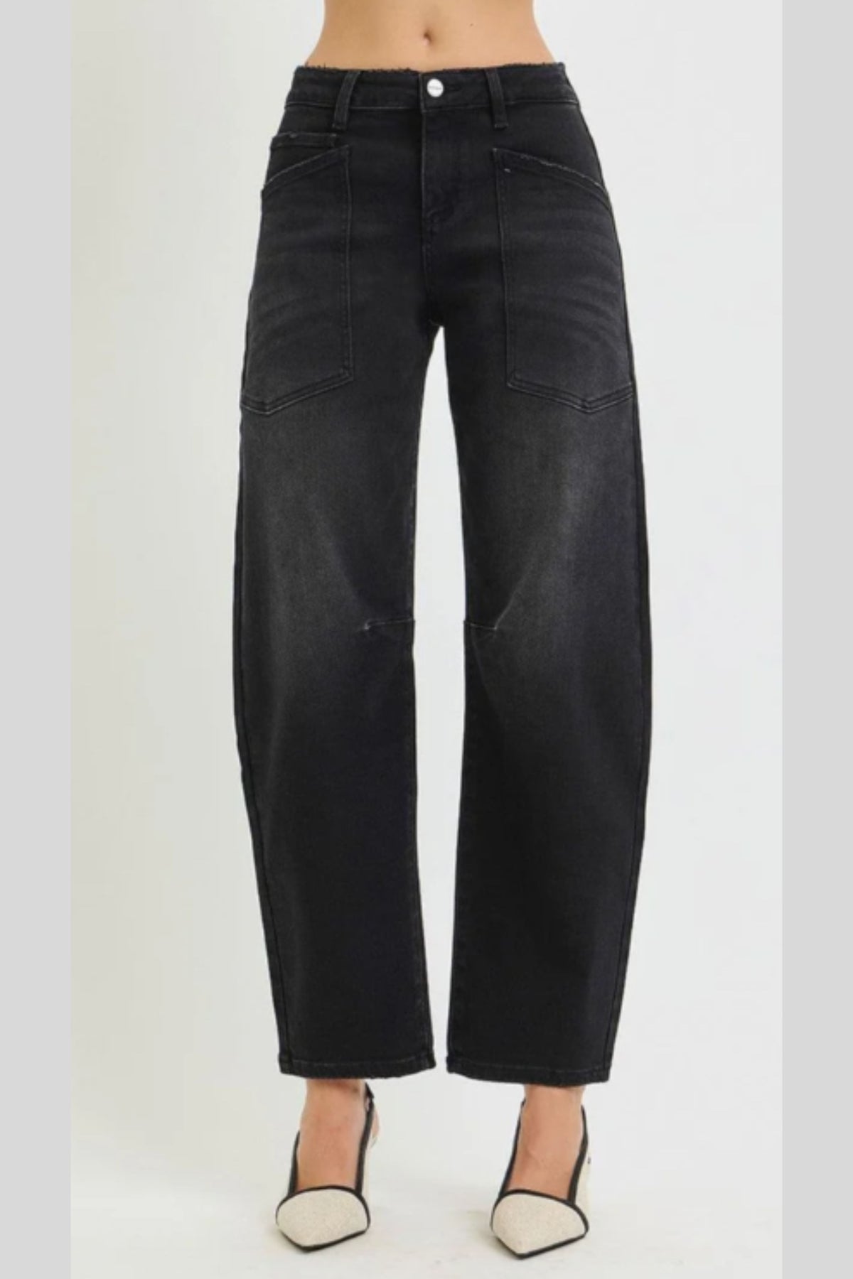 Risen Black Mid Rise Barrel Patch Jeans
